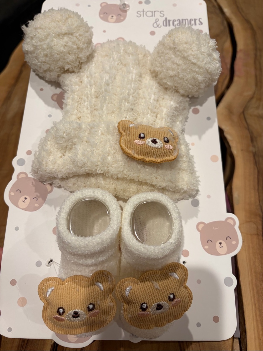 Cream Baby Hat and Booties Set with Bear Appliqués